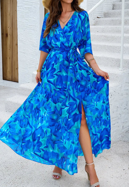 BLUE BOHO LACE-UP MAXI DRESS