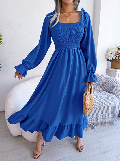 BLUE RUFFLE SWING MIDI DRESS