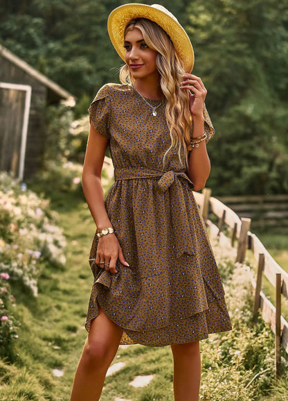 BROWN SEASIDE PRINT WRAP DRESS