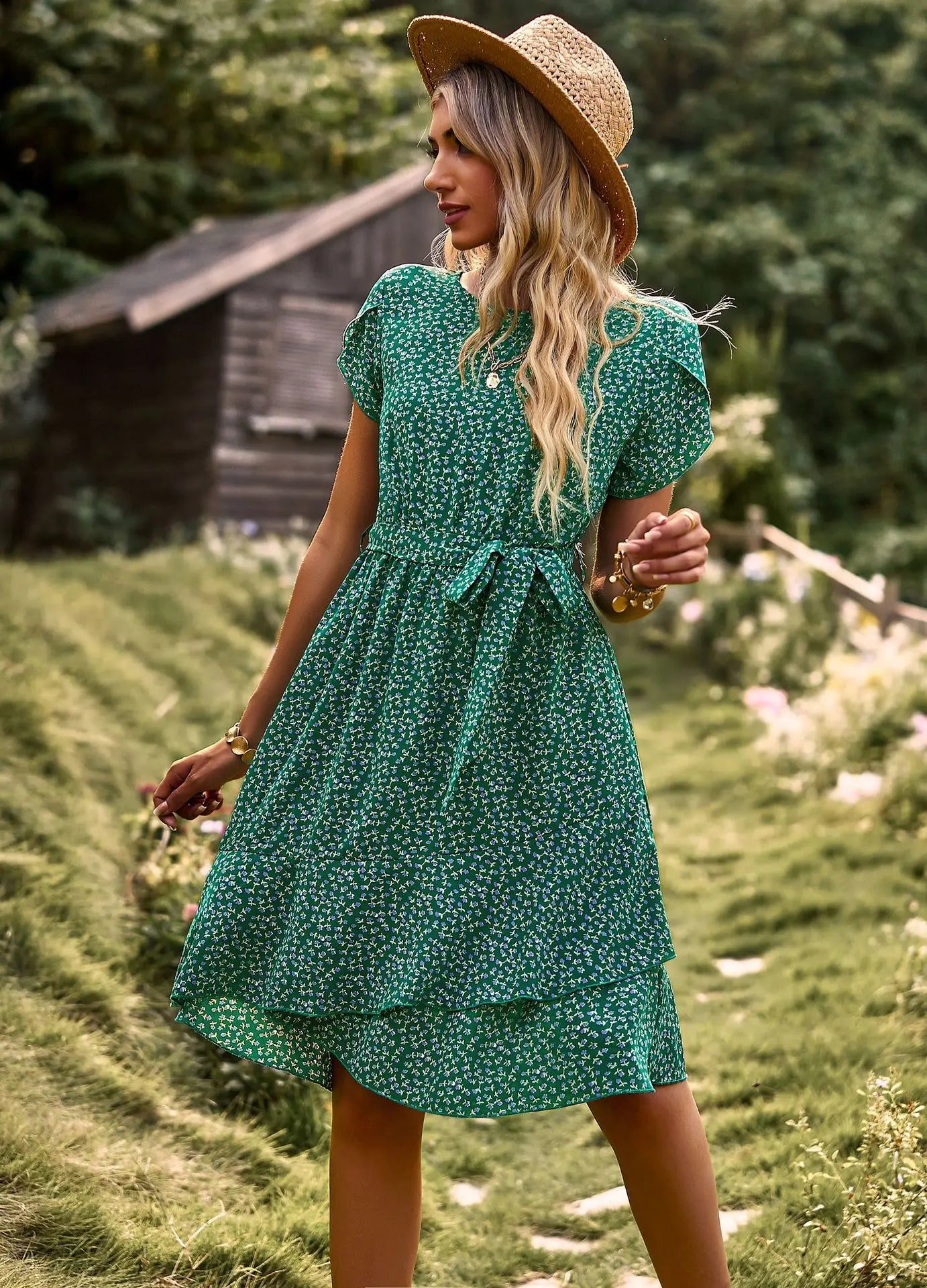 GREEN SEASIDE PRINT WRAP DRESS