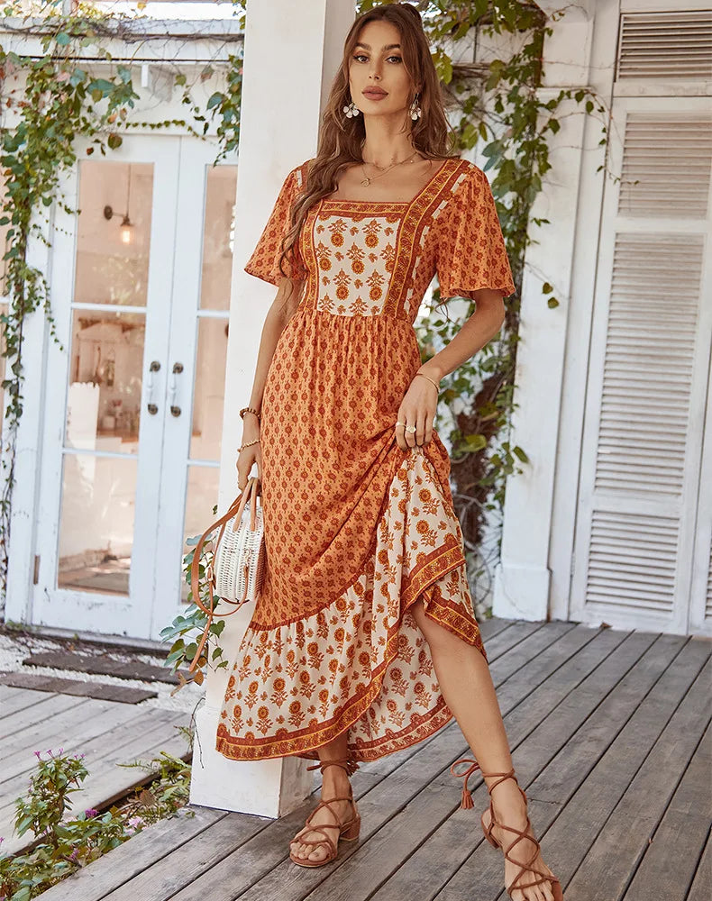 ORANGE VINTAGE FLORAL BOHO DRESS