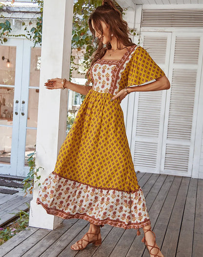 YELLOW VINTAGE FLORAL BOHO DRESS