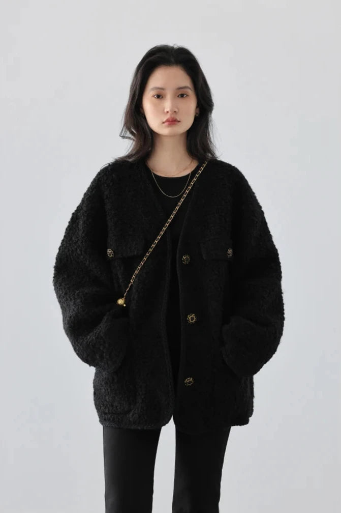 BLACK WOOLEN POLKA DOT COAT