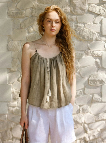 KHAKI LINEN STRAP TANK TOP