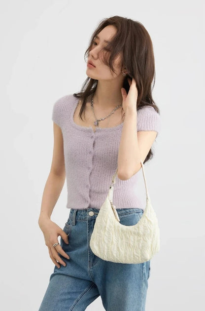 PURPLE SQUARE NECK KNIT CARDIGAN