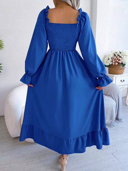 BLUE RUFFLE SWING MIDI DRESS