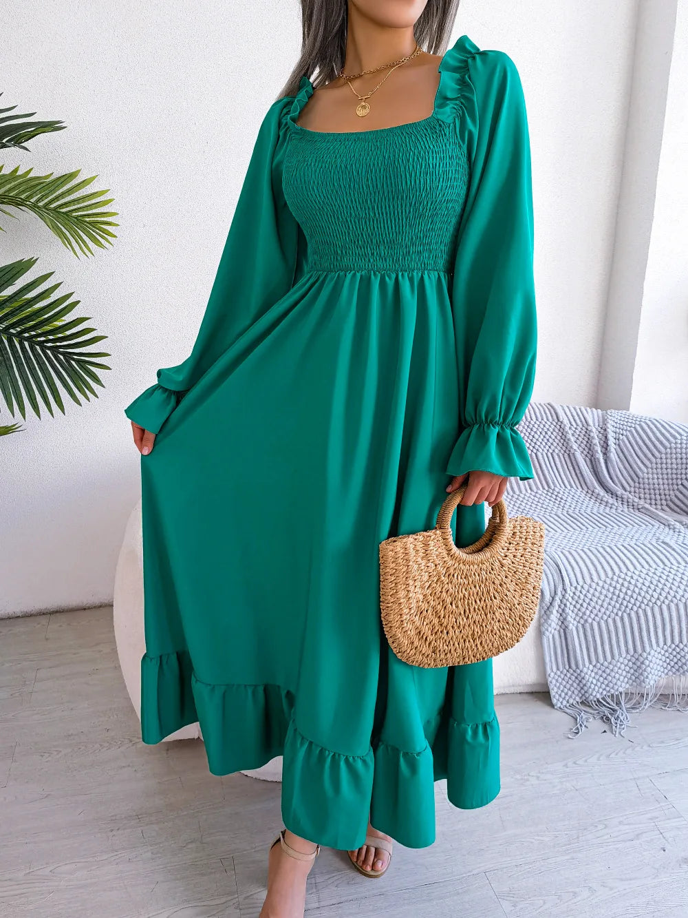 GREEN RUFFLE SWING MIDI DRESS