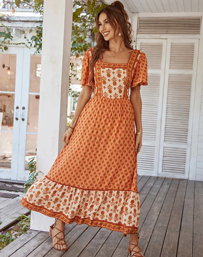 ORANGE VINTAGE FLORAL BOHO DRESS