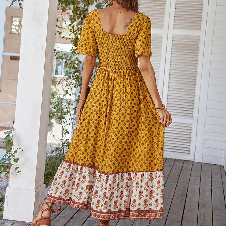 YELLOW VINTAGE FLORAL BOHO DRESS