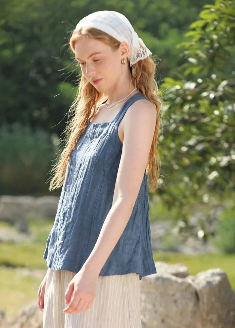 BLUE LINEN CROSS-BACK TANK