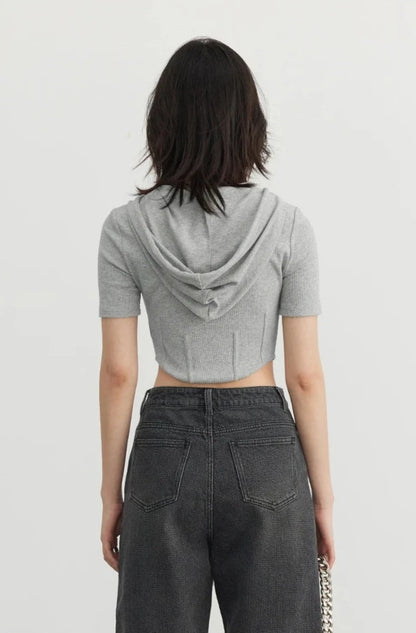 GRAY SOLID HOODED CROP TEE