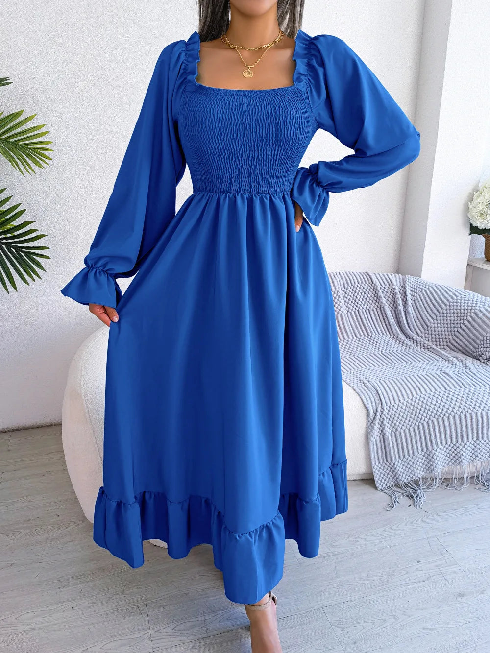 BLUE RUFFLE SWING MIDI DRESS