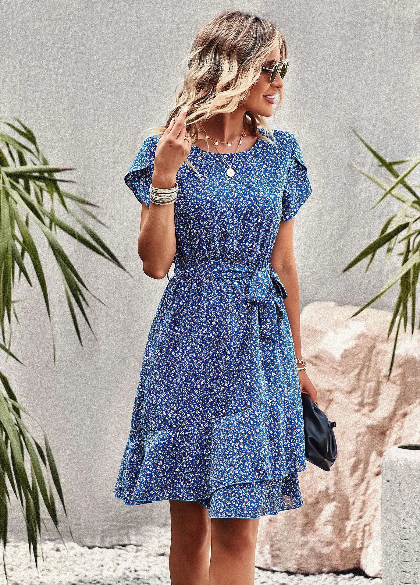 BLUE SEASIDE PRINT WRAP DRESS