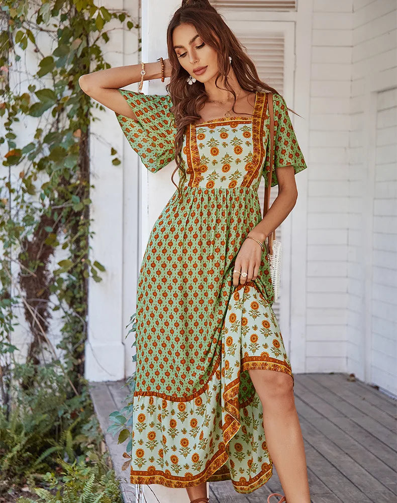 GREEN VINTAGE FLORAL BOHO DRESS