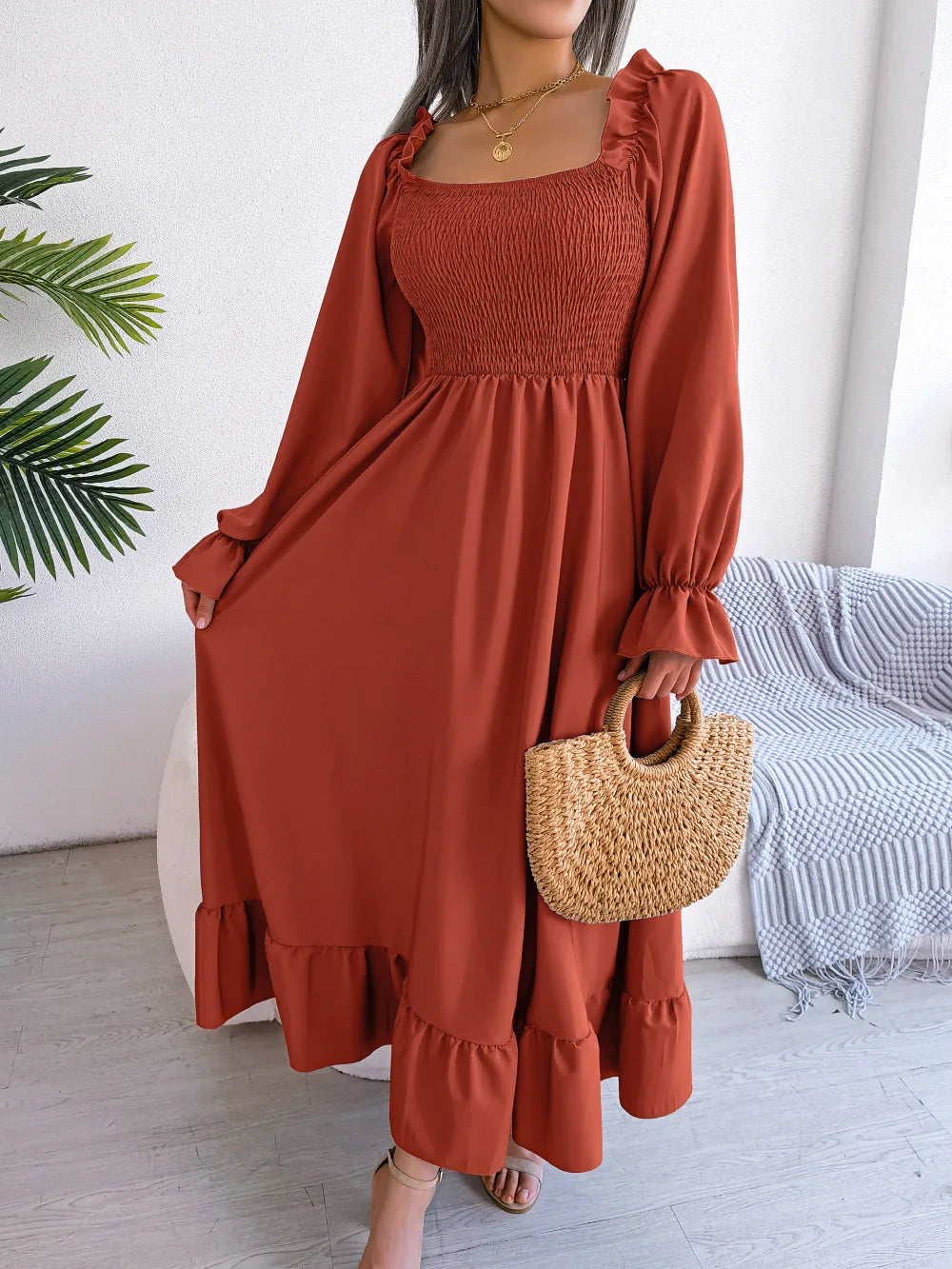 ORANGE RUFFLE SWING MIDI DRESS