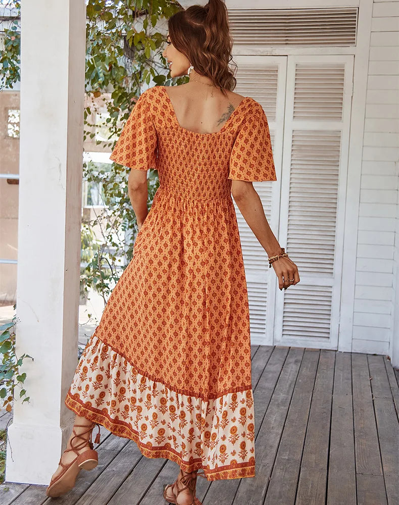 ORANGE VINTAGE FLORAL BOHO DRESS