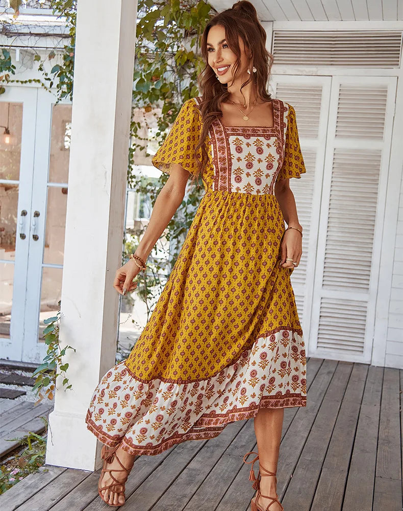 YELLOW VINTAGE FLORAL BOHO DRESS