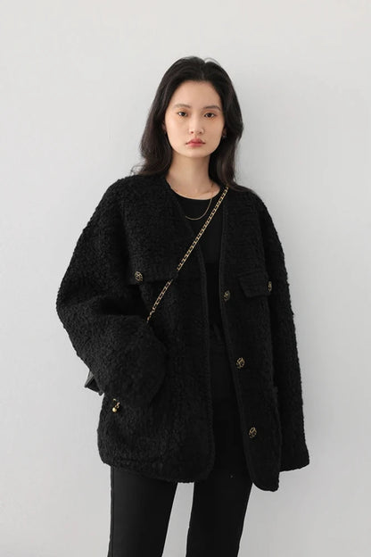 BLACK WOOLEN POLKA DOT COAT