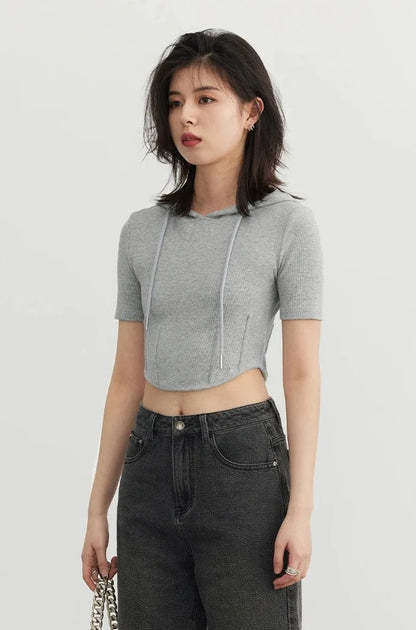 GRAY SOLID HOODED CROP TEE