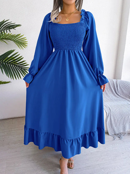 BLUE RUFFLE SWING MIDI DRESS