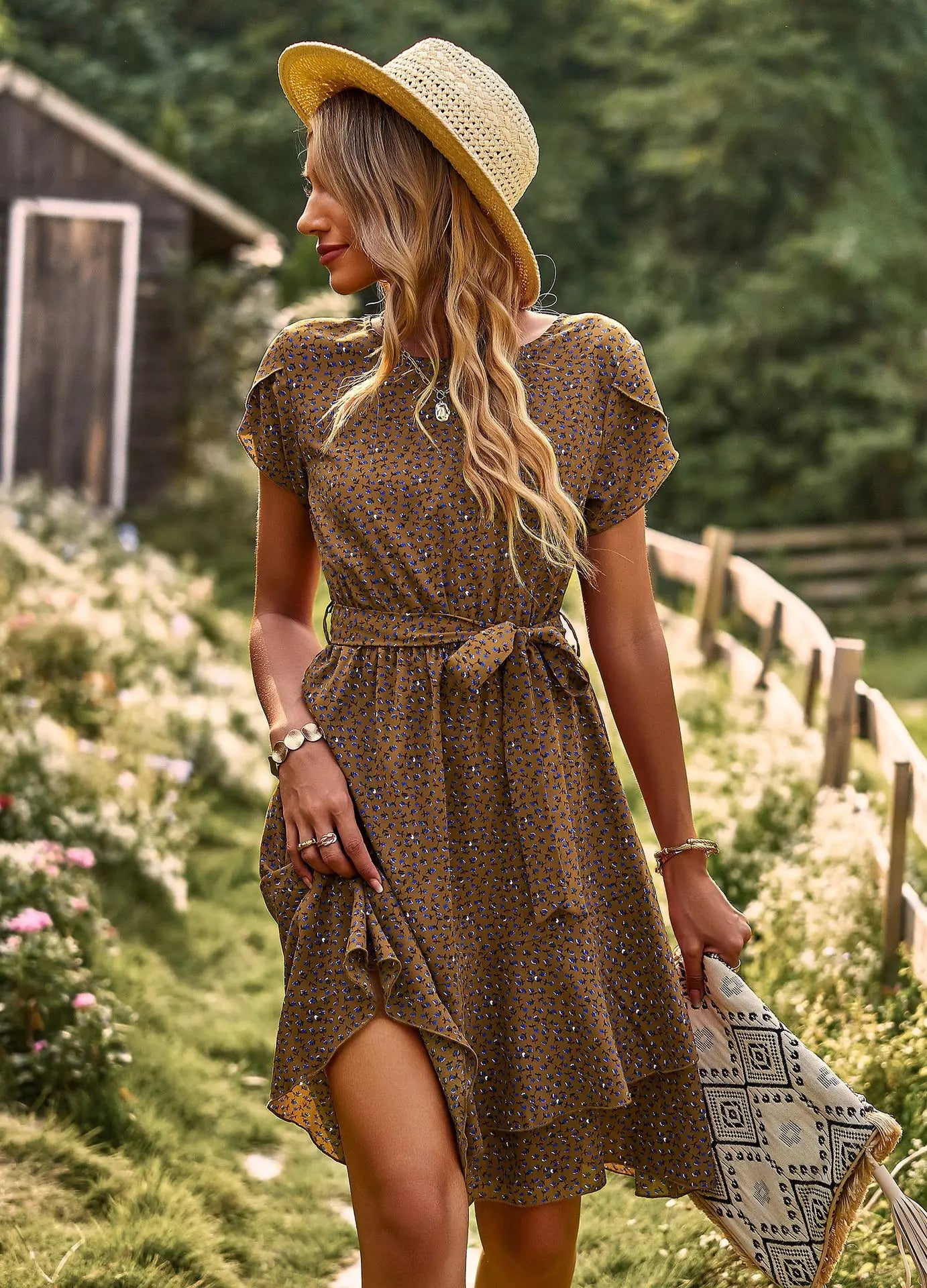 BROWN SEASIDE PRINT WRAP DRESS