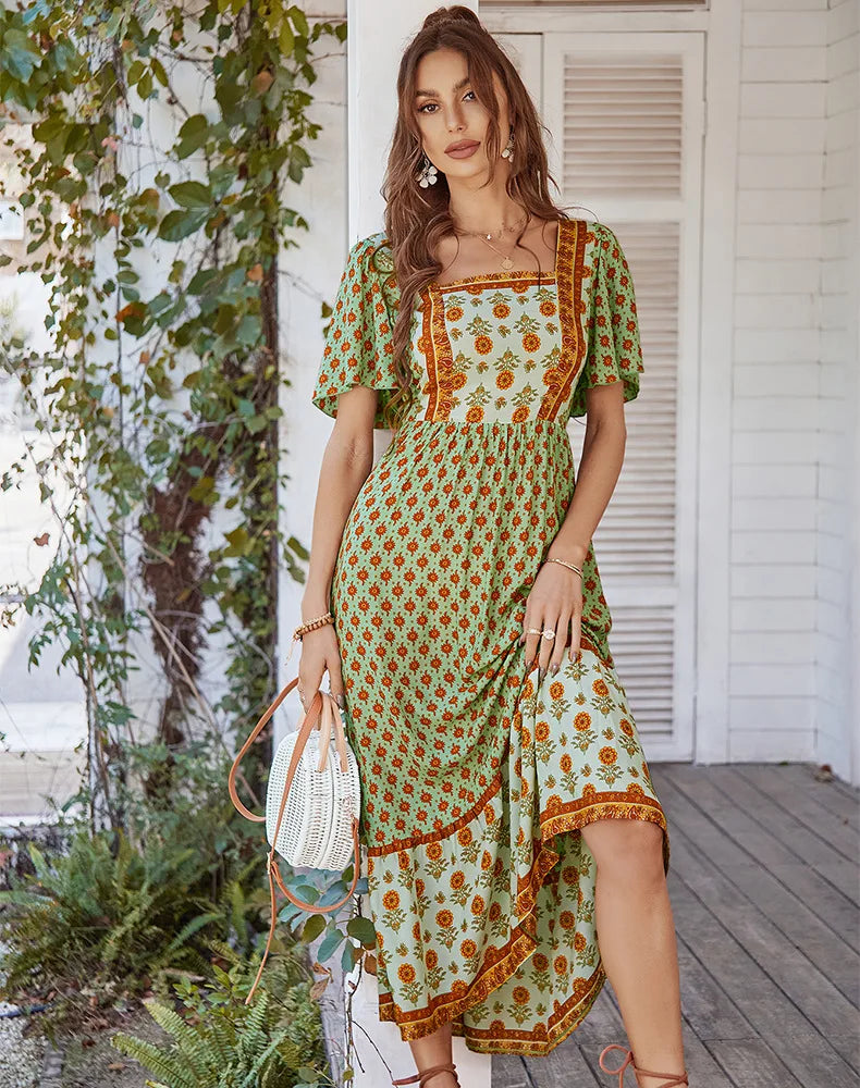 GREEN VINTAGE FLORAL BOHO DRESS