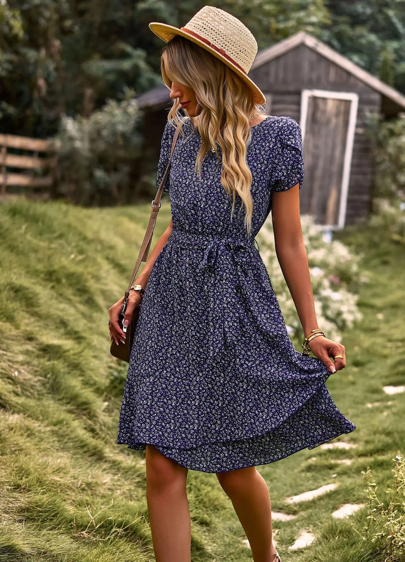 NAVY SEASIDE PRINT WRAP DRESS