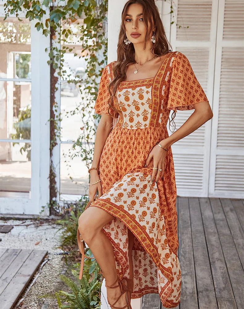 ORANGE VINTAGE FLORAL BOHO DRESS