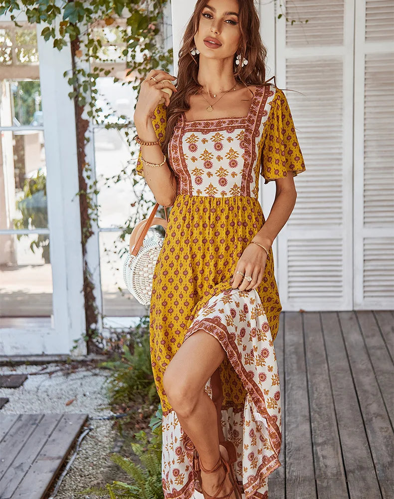 YELLOW VINTAGE FLORAL BOHO DRESS