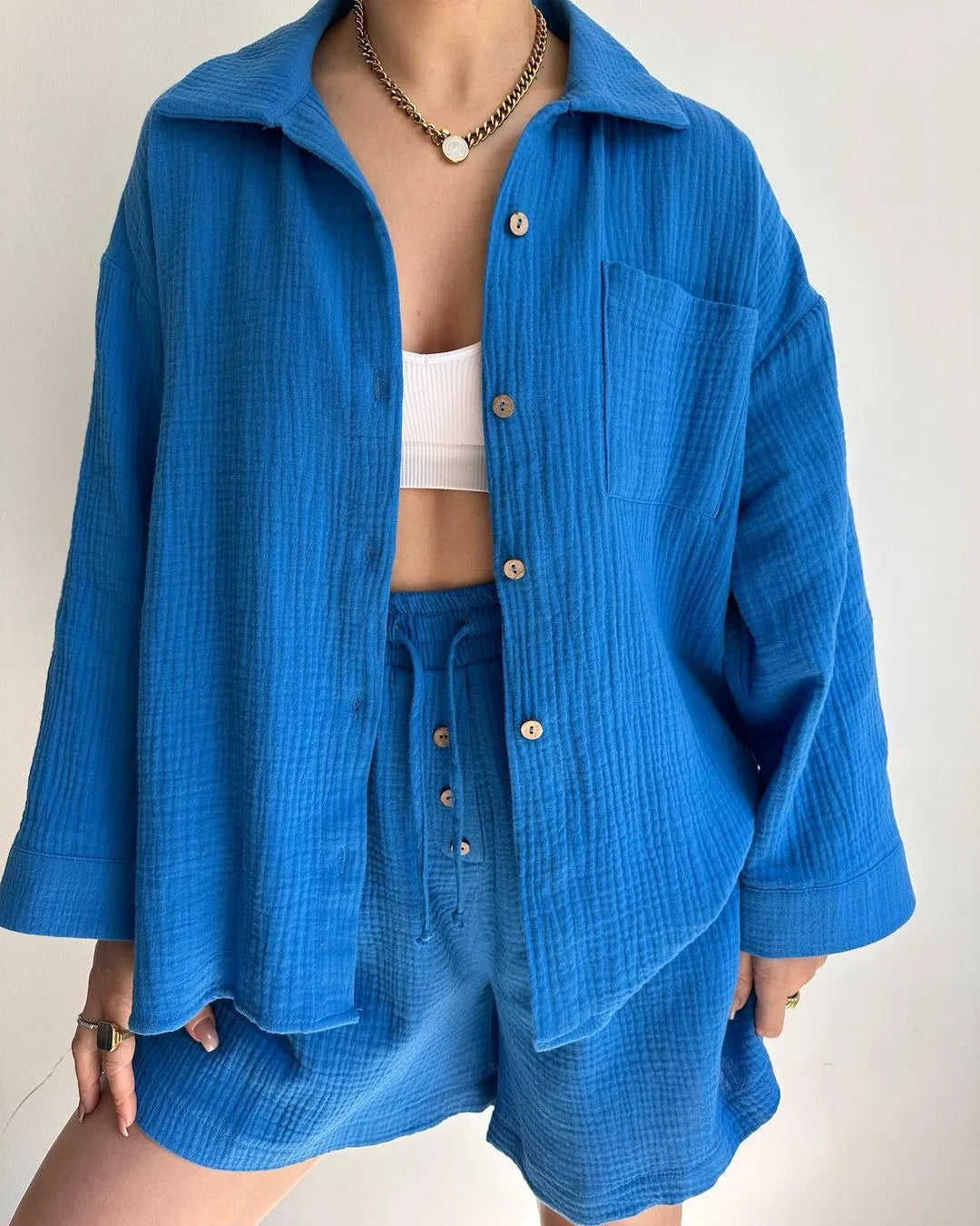 BLUE COTTON GAUZE CASUAL SET