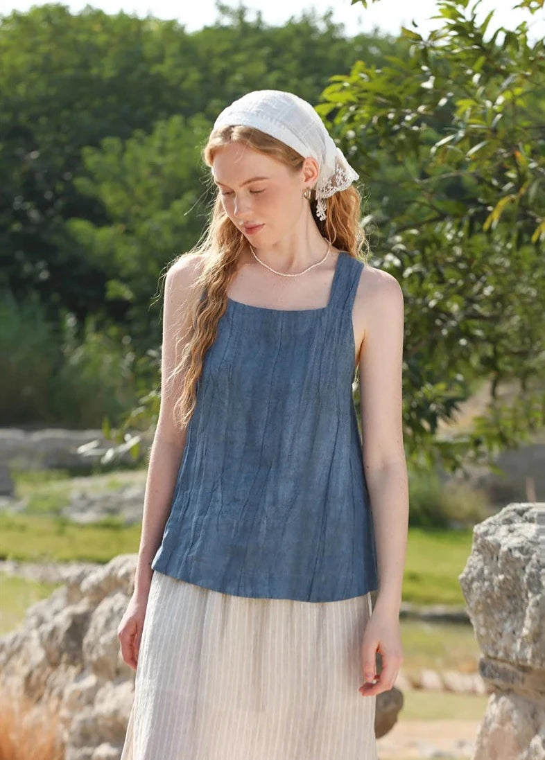 BLUE LINEN CROSS-BACK TANK