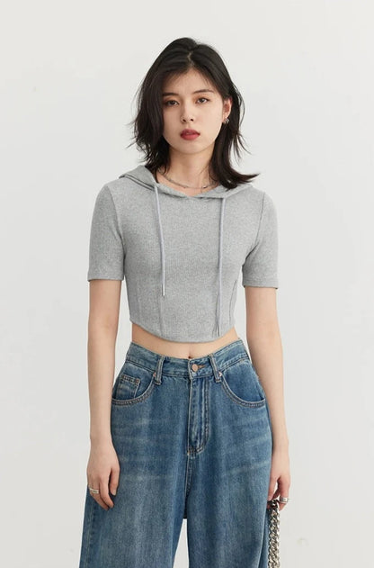 GRAY SOLID HOODED CROP TEE