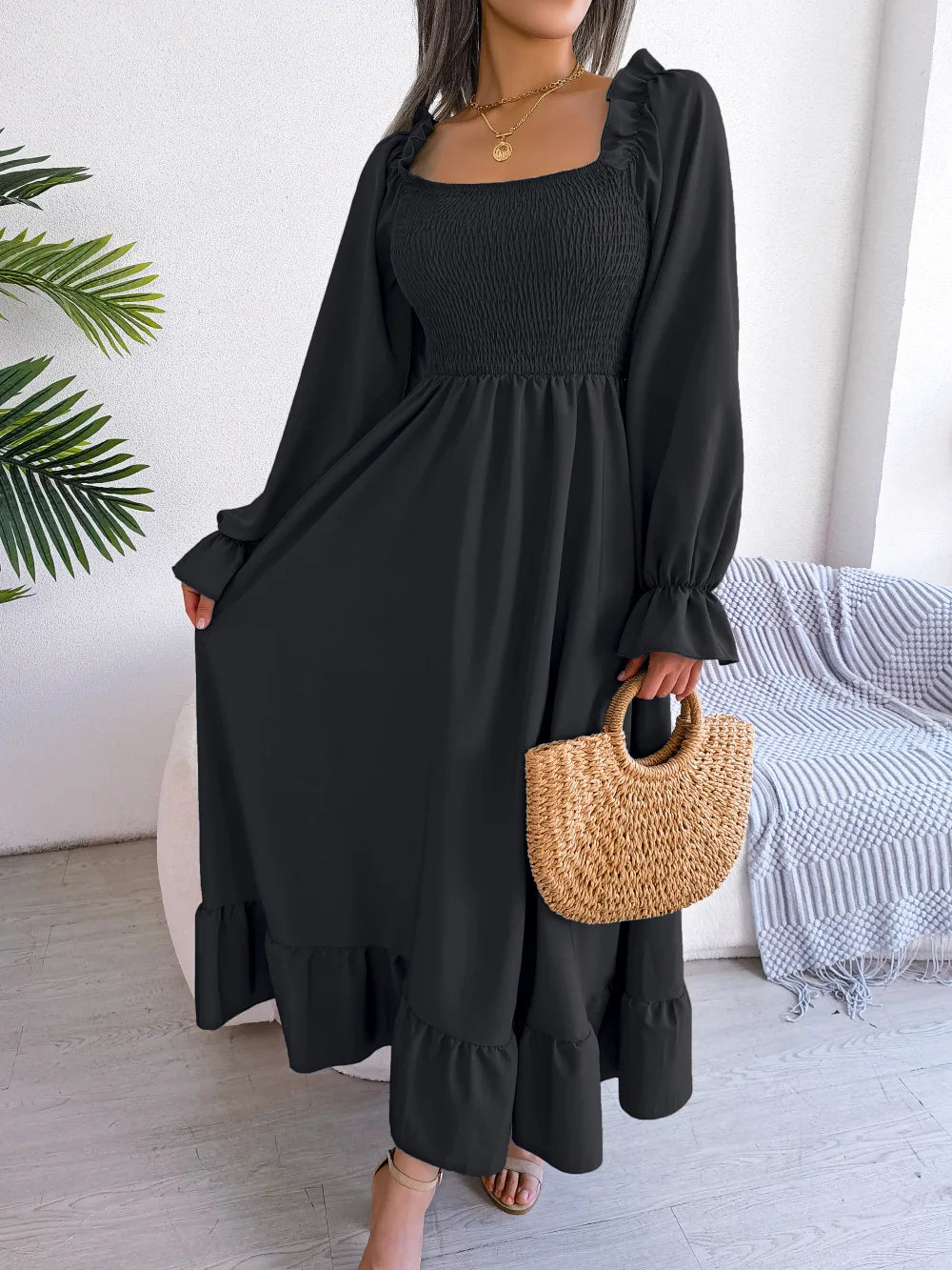 BLACK RUFFLE SWING MIDI DRESS