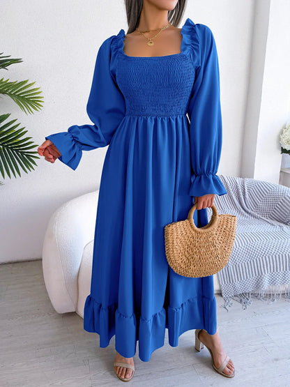 BLUE RUFFLE SWING MIDI DRESS