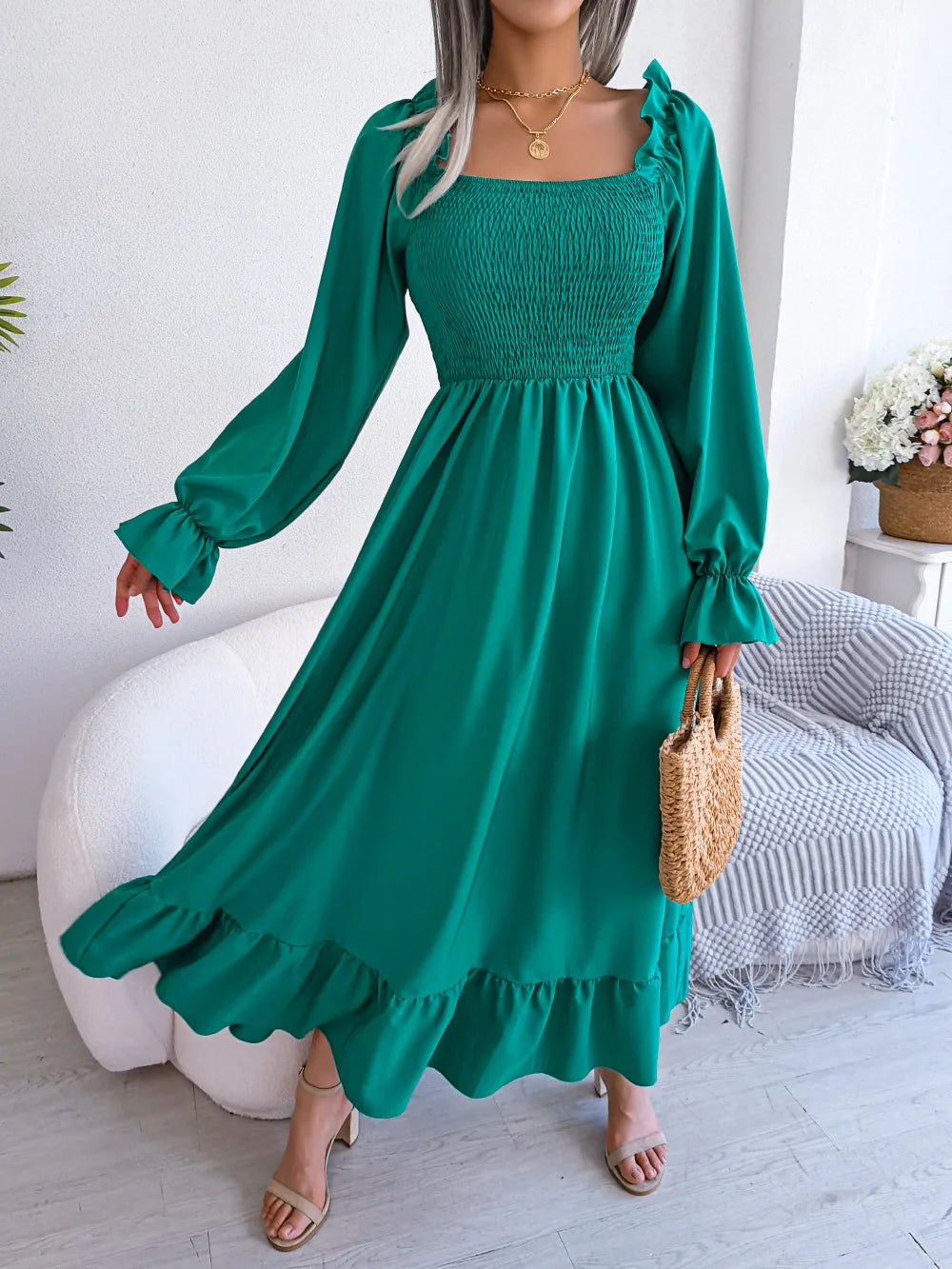 GREEN RUFFLE SWING MIDI DRESS