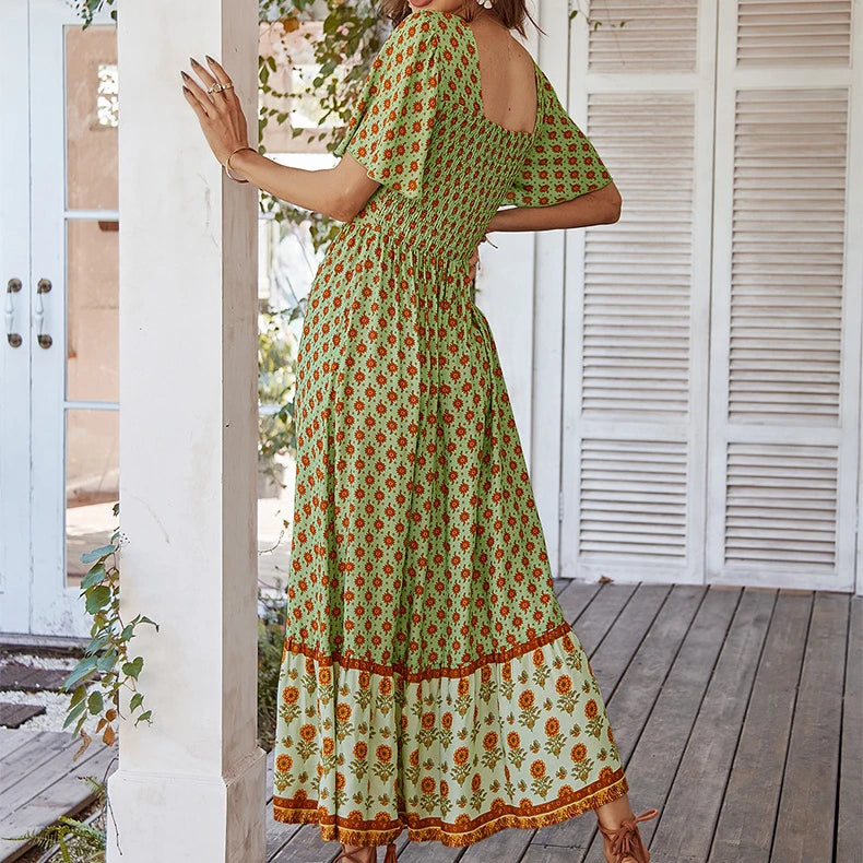 GREEN VINTAGE FLORAL BOHO DRESS