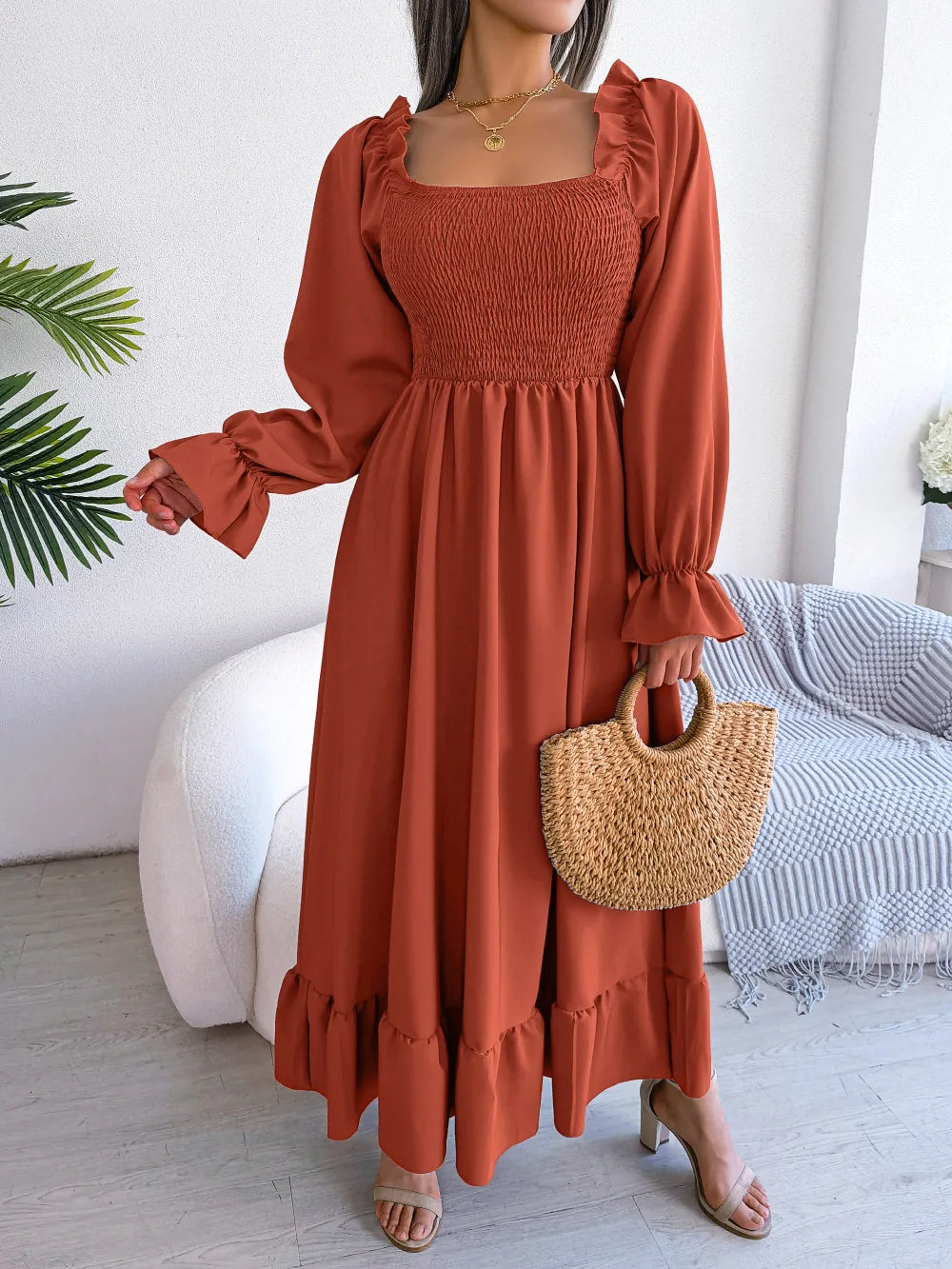 ORANGE RUFFLE SWING MIDI DRESS