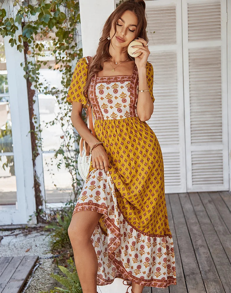 YELLOW VINTAGE FLORAL BOHO DRESS