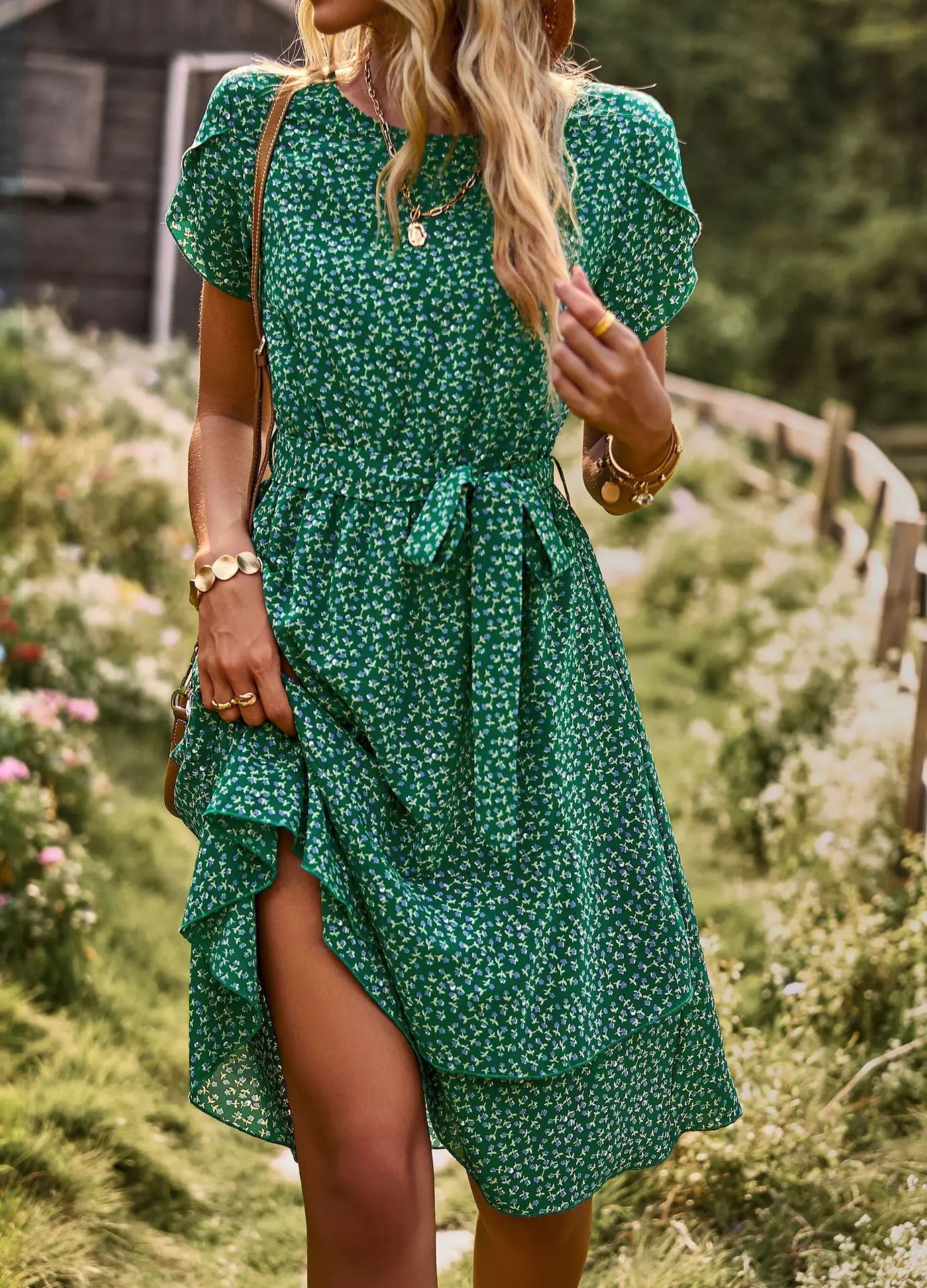 GREEN SEASIDE PRINT WRAP DRESS