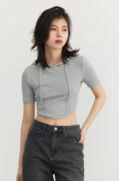 GRAY SOLID HOODED CROP TEE