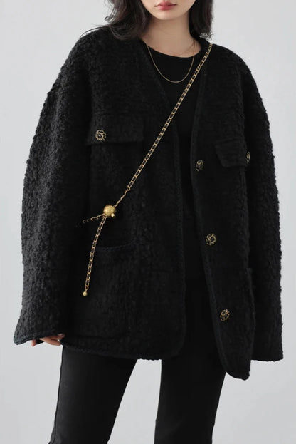 BLACK WOOLEN POLKA DOT COAT