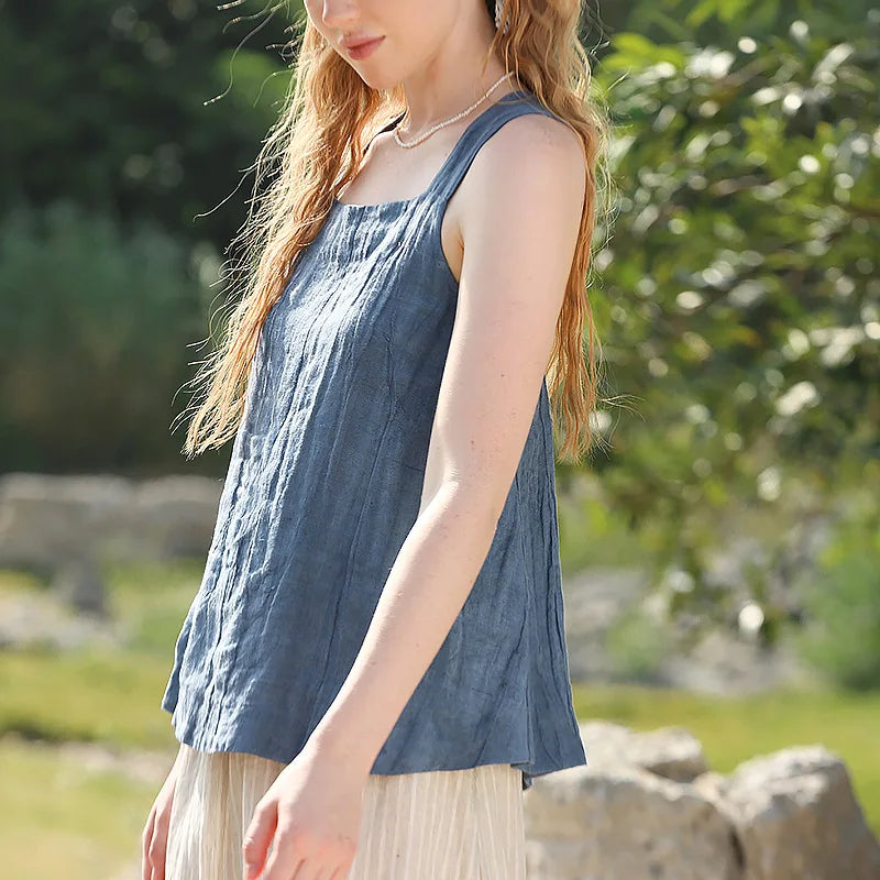 BLUE LINEN CROSS-BACK TANK