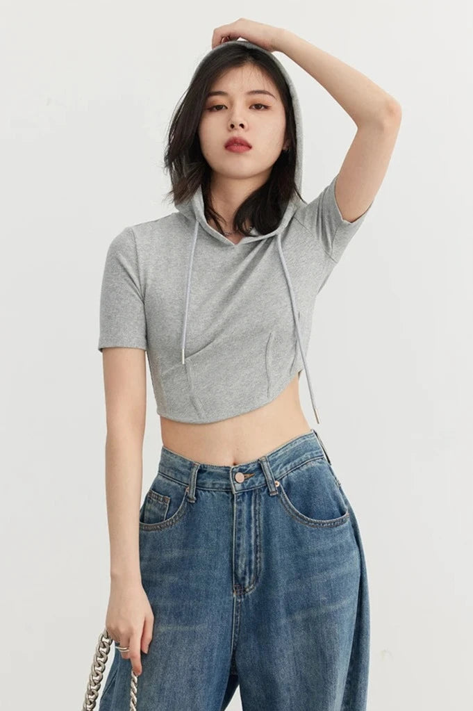 GRAY SOLID HOODED CROP TEE