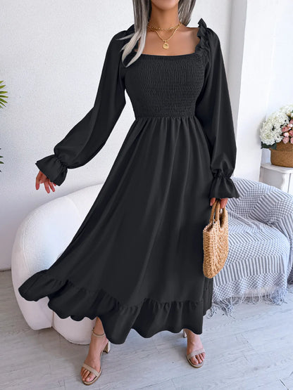 BLACK RUFFLE SWING MIDI DRESS