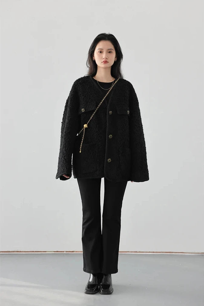 BLACK WOOLEN POLKA DOT COAT