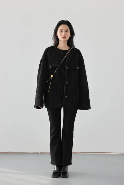 BLACK WOOLEN POLKA DOT COAT