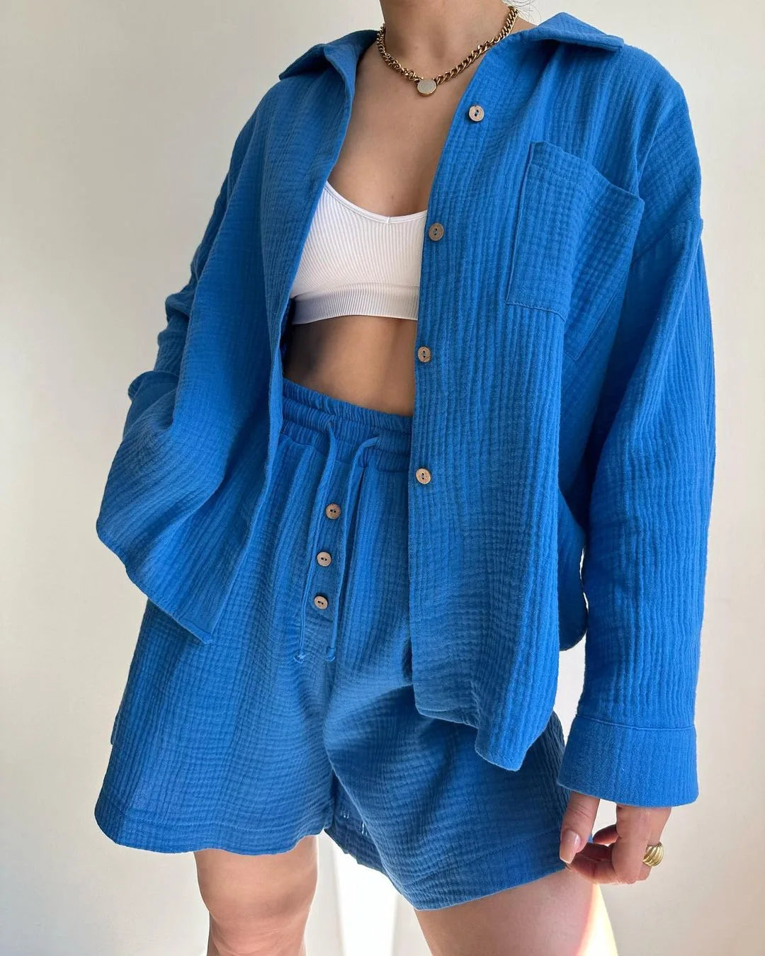 BLUE COTTON GAUZE CASUAL SET