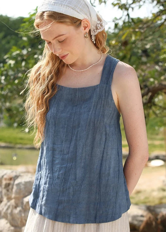 BLUE LINEN CROSS-BACK TANK