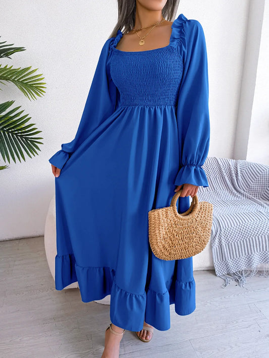 BLUE RUFFLE SWING MIDI DRESS