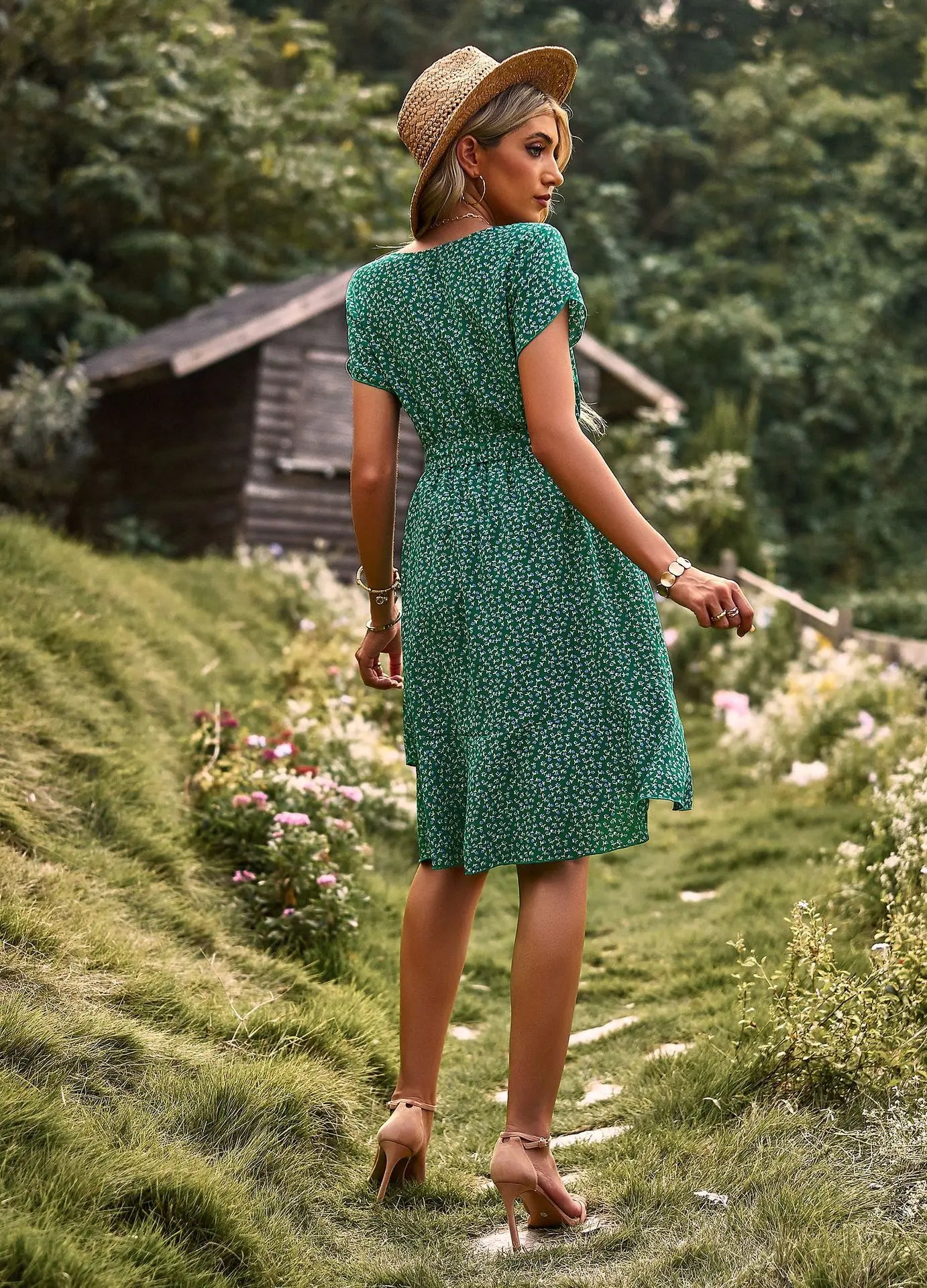 GREEN SEASIDE PRINT WRAP DRESS